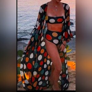 Three piece multicolored sheer polkadot swim set. Perfect for getaway-vacation.